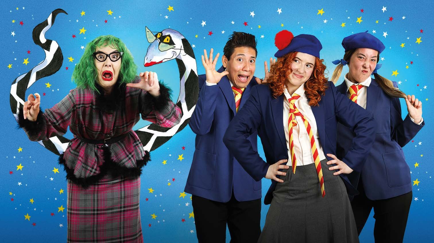 A woman with green hair is surrounded by a black and white snake. There are children in school uniform, one is scared, one is unimpressed.