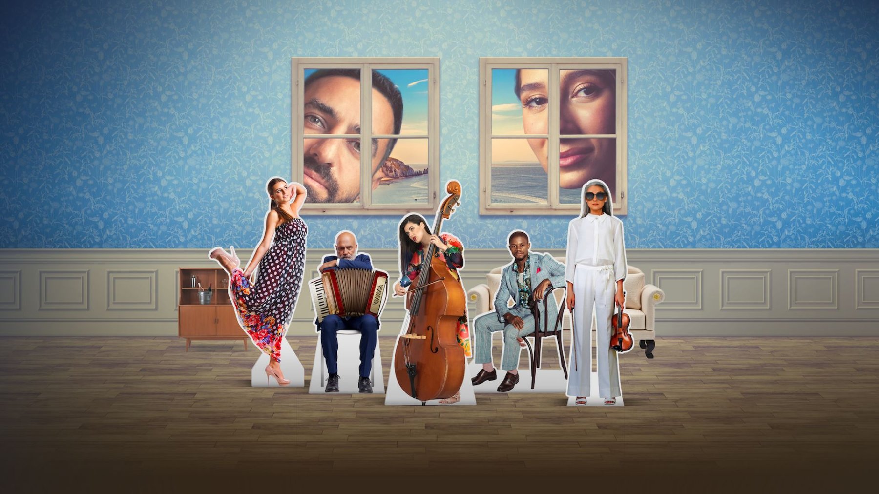 Paper cut-out opera musicians stood together against a blue wallpapered background, behind them two faces peer into the room through windows