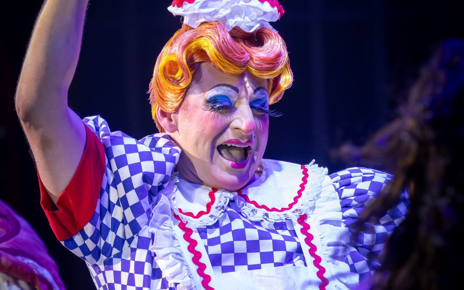 Nanny Nutkins holds a toy tambourine above her head and smiles down. She is wearing a blue-and-white checked dress with a white apron and red trim.