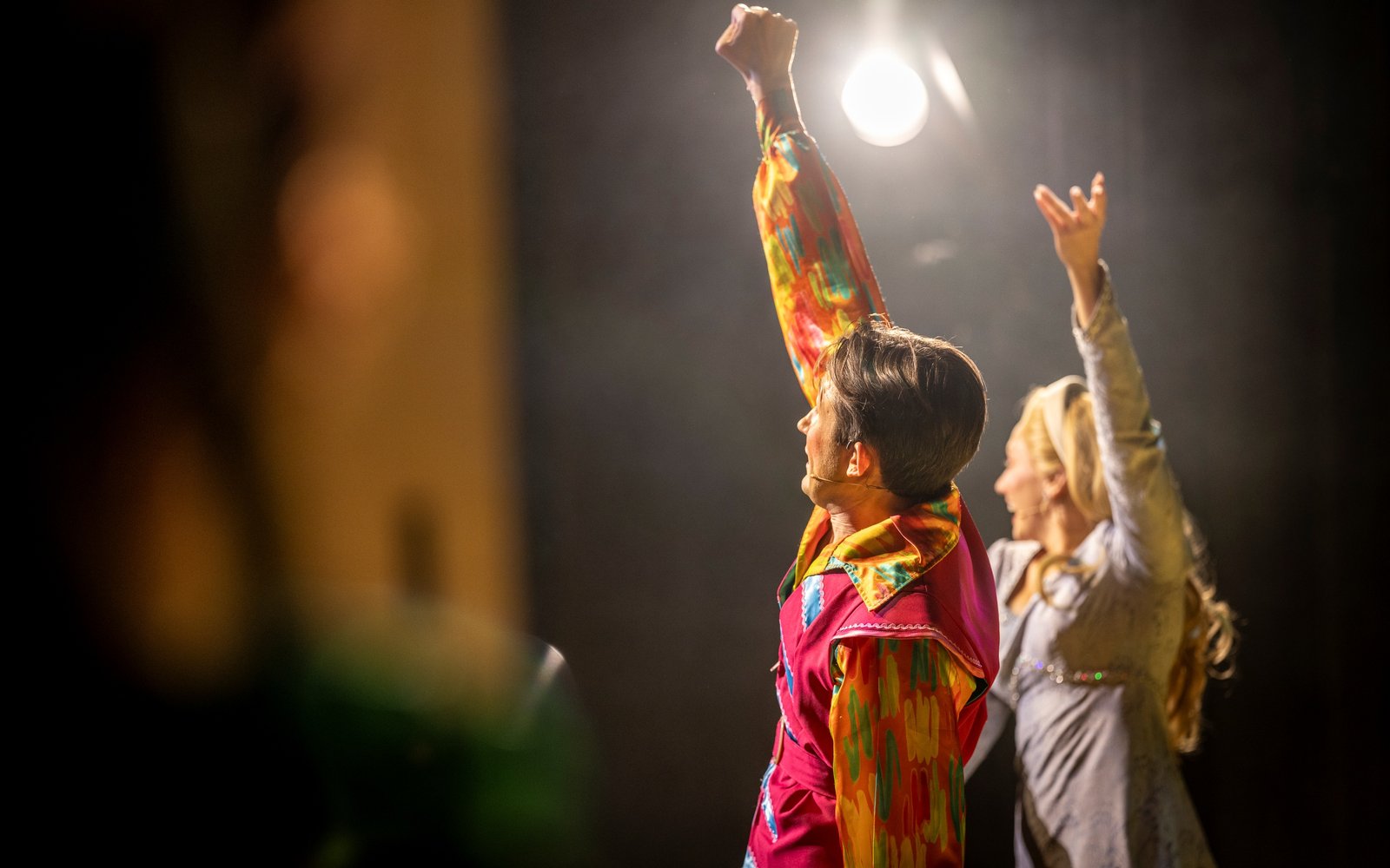 Happy Harry looks out at the audience with his fist raised above his head in celebration. In the background, Princess Rose gestures both hands towards him.