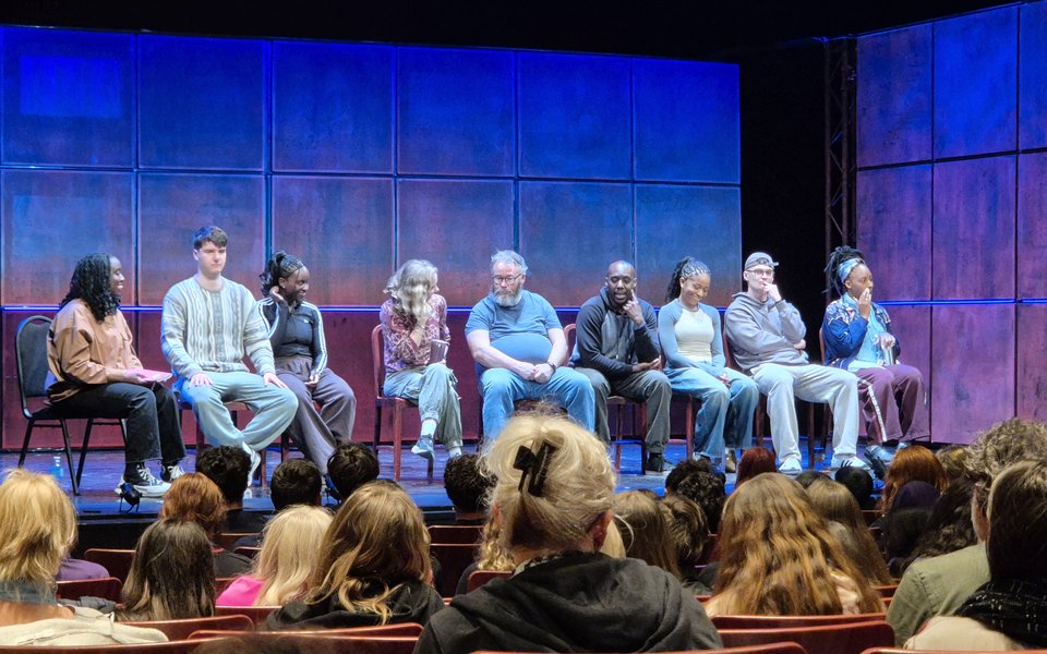 Students and teachers participate in a Q&A with the full acting company of Noughts & Crosses.