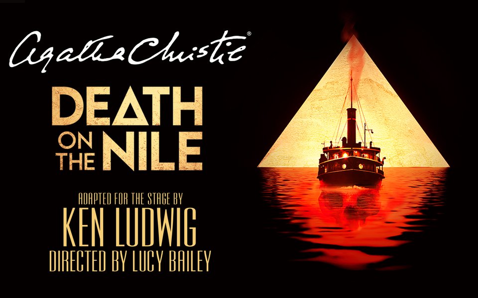 Gold title of show to the left with Agatha Christie's handwritten signature. On the right there is a diamond image with a boat.