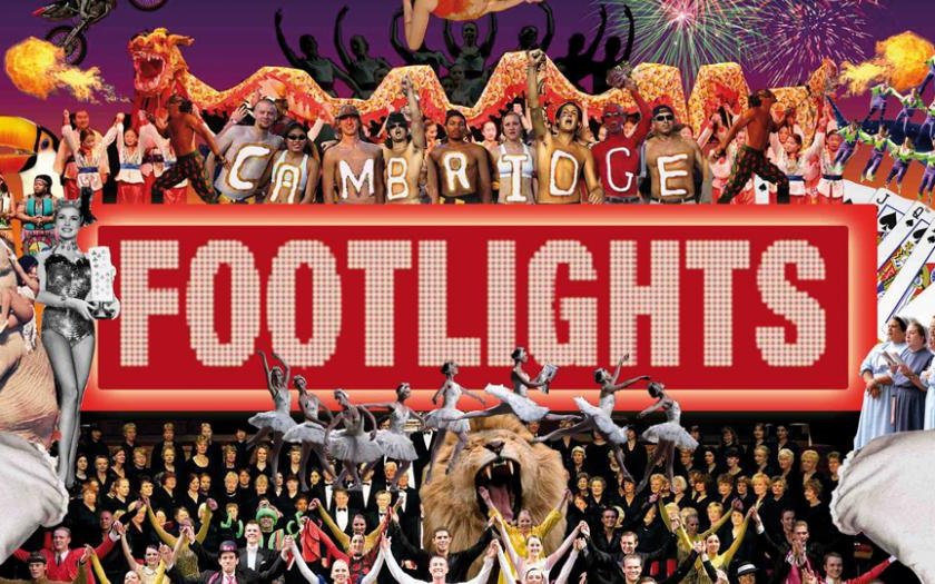 The Cambridge Footlights logo against a backdrop of variety performers, animals and red theatre curtains