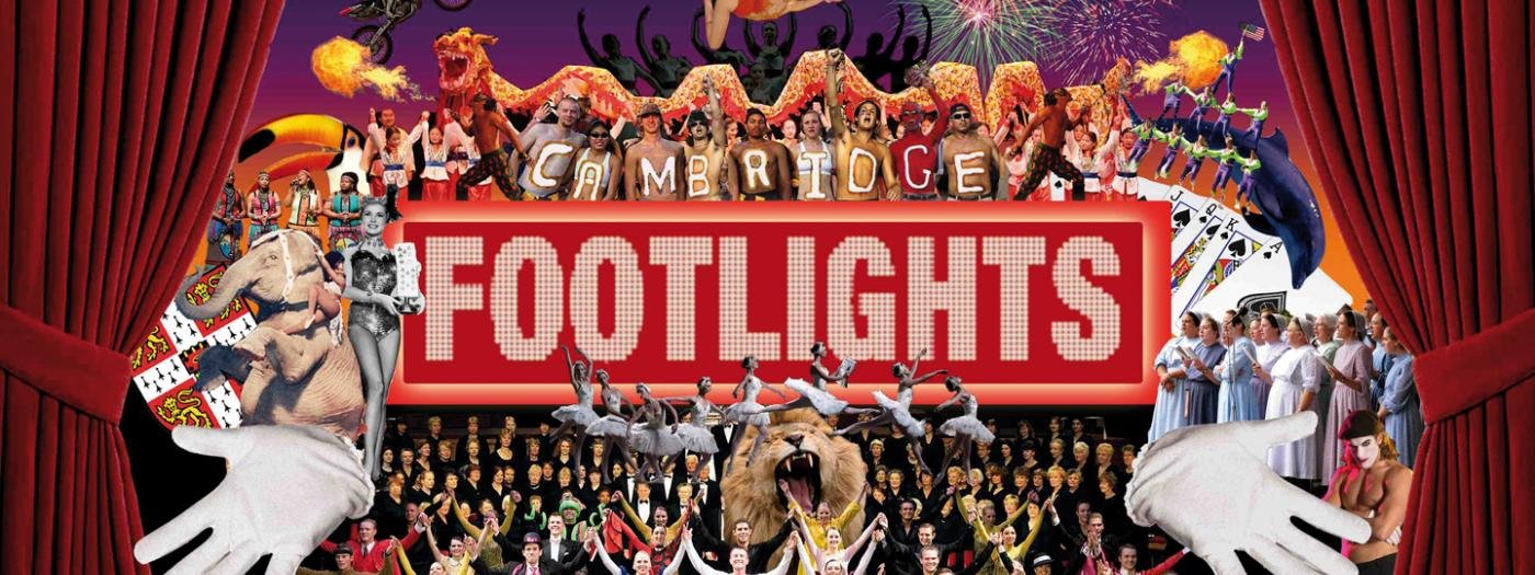 The Cambridge Footlights logo against a backdrop of variety performers, animals and red theatre curtains