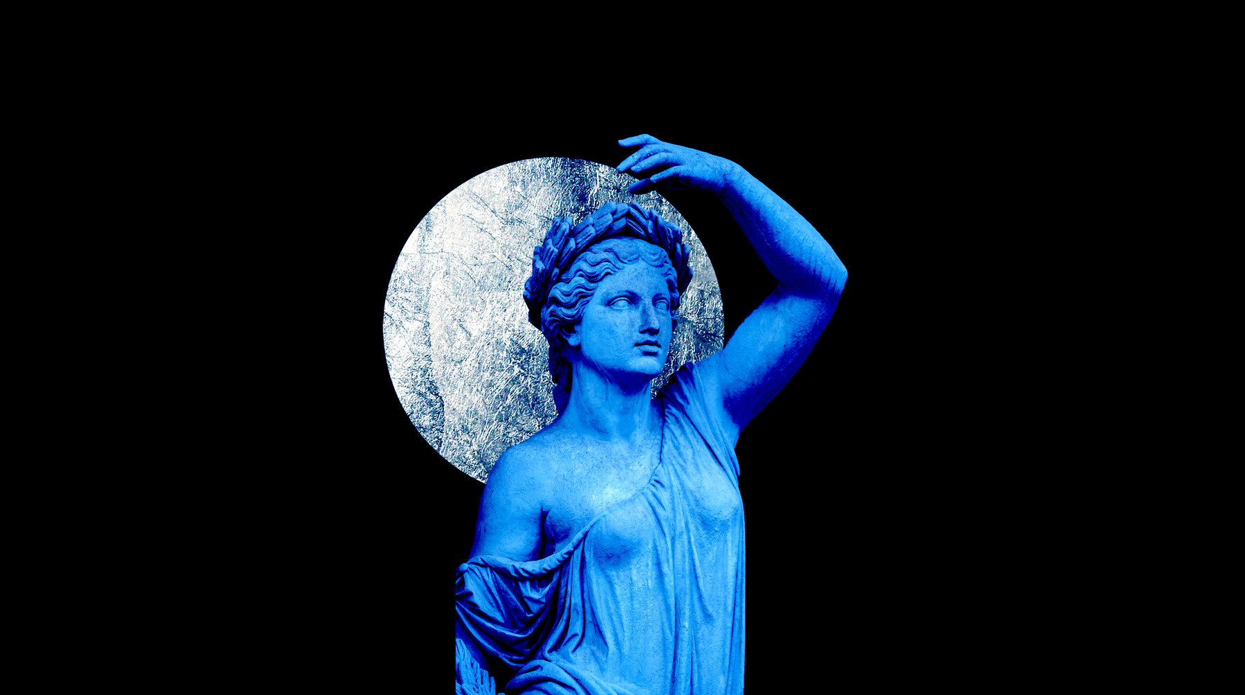 A blue marble statue of a woman raising her arm to her head, there is a large silver moon behind her