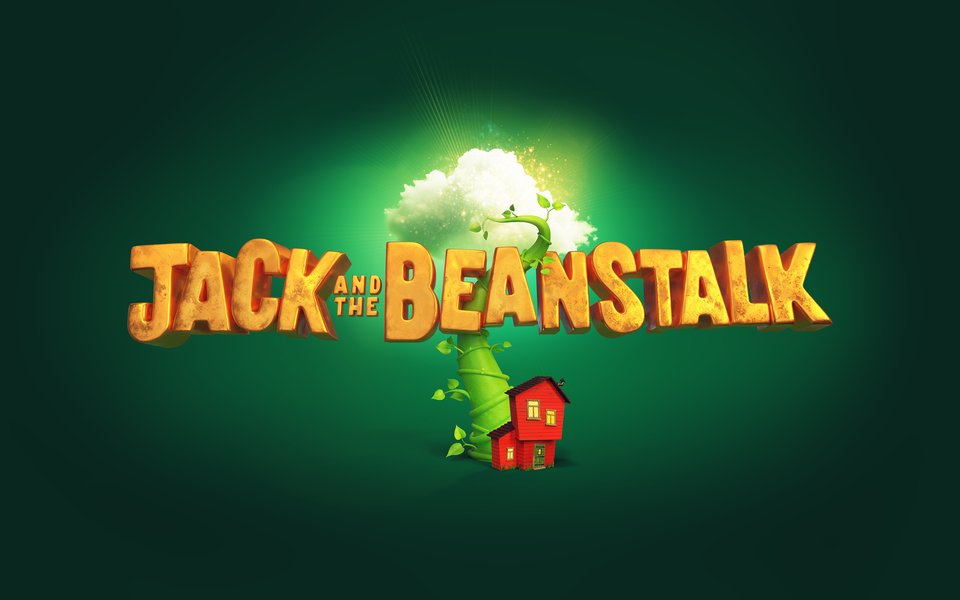 Gold letters of Jack and the Beanstalk, a beanstalk intertwines between the letters and there is a cloud at the top