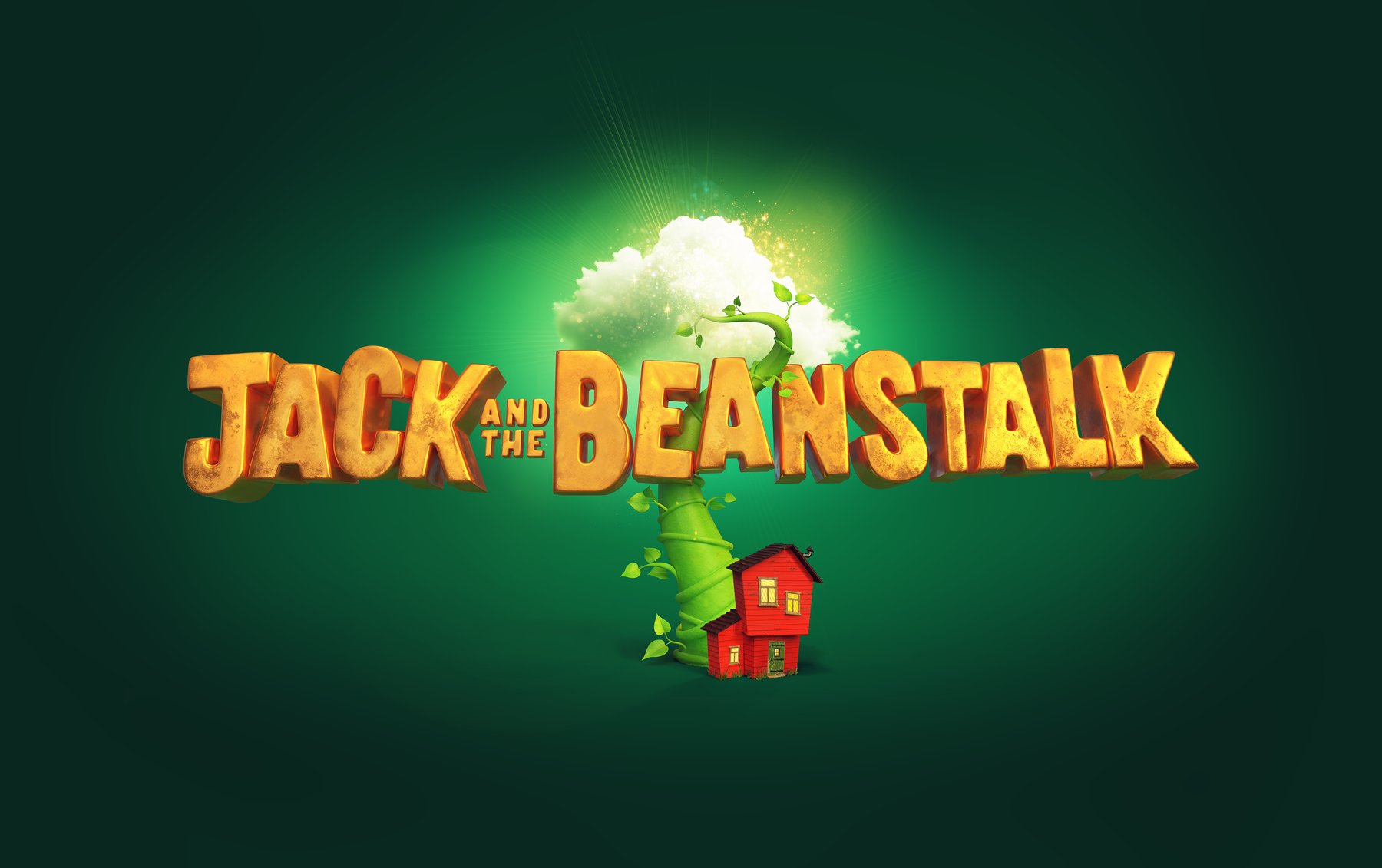 Gold letters of Jack and the Beanstalk, a beanstalk intertwines between the letters and there is a cloud at the top