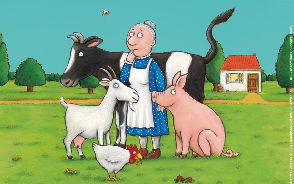 A cartoon illustration of an old woman wearing an apron, she is surrounded by a pig, goat, chicken and a cow
