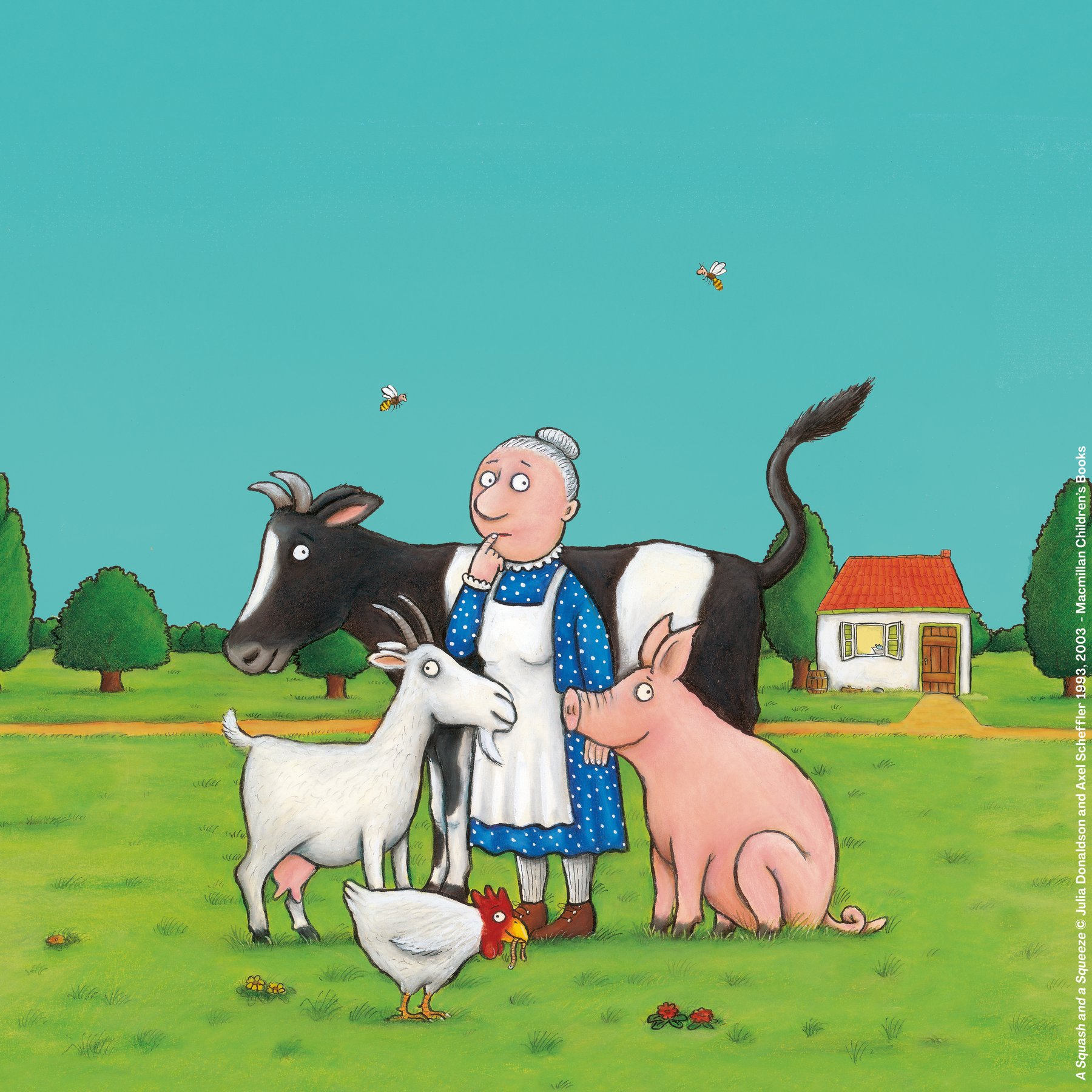 A cartoon illustration of an old woman wearing an apron, she is surrounded by a pig, goat, chicken and a cow