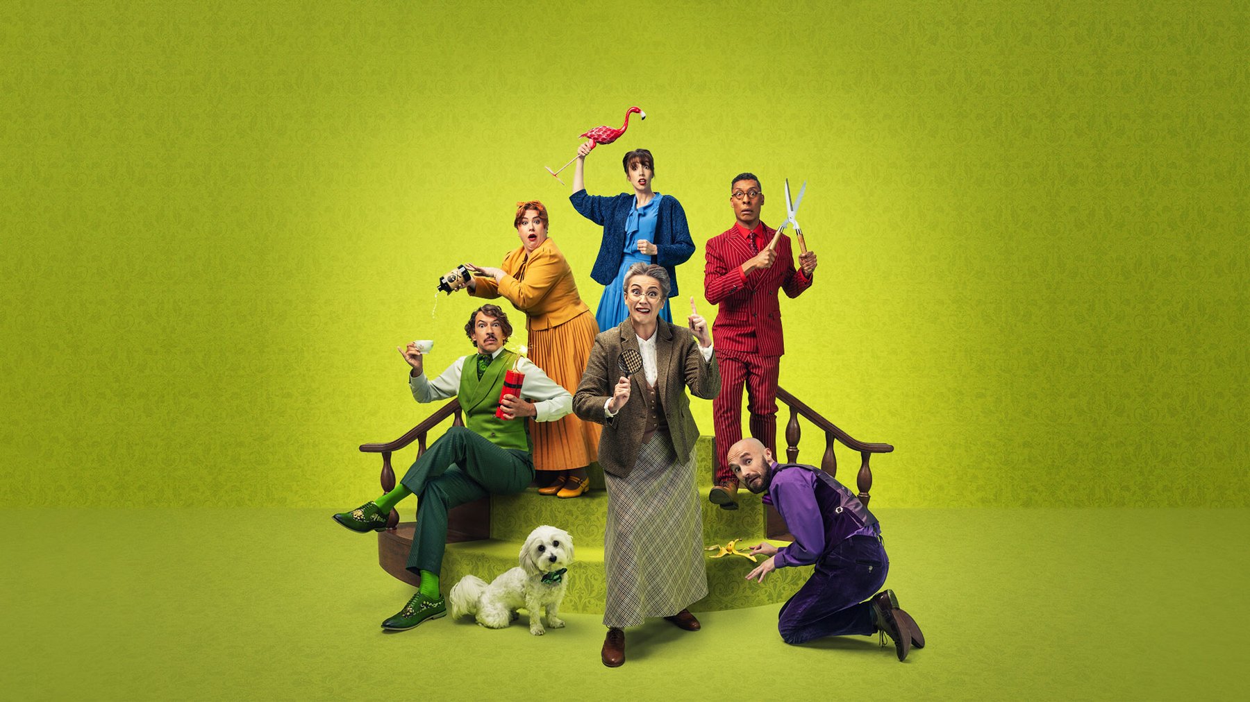 A group of murder mystery characters holding comedy murder weapons