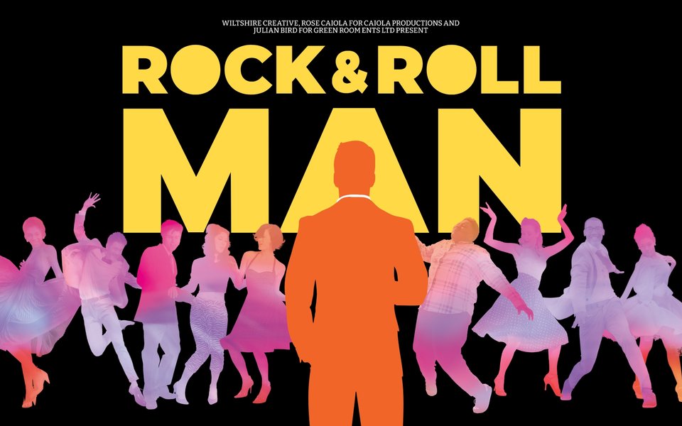 A group of people dance in 1950s outfits, a man, highlighted in orange to stand out, watches them