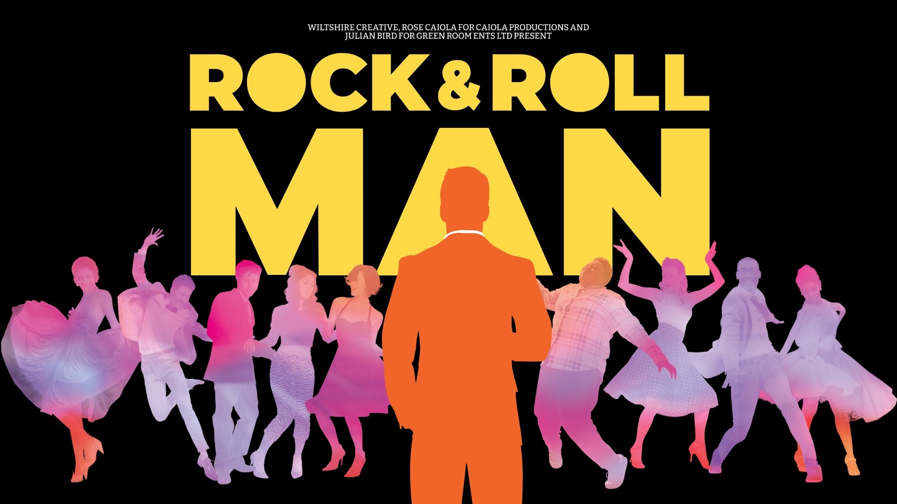 A group of people dance in 1950s outfits, a man, highlighted in orange to stand out, watches them