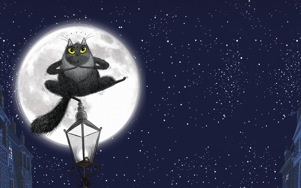 A cartoon black cat balances on the top of a lamppost doing a ninja pose, the sky is starry and there is a big moon behind him