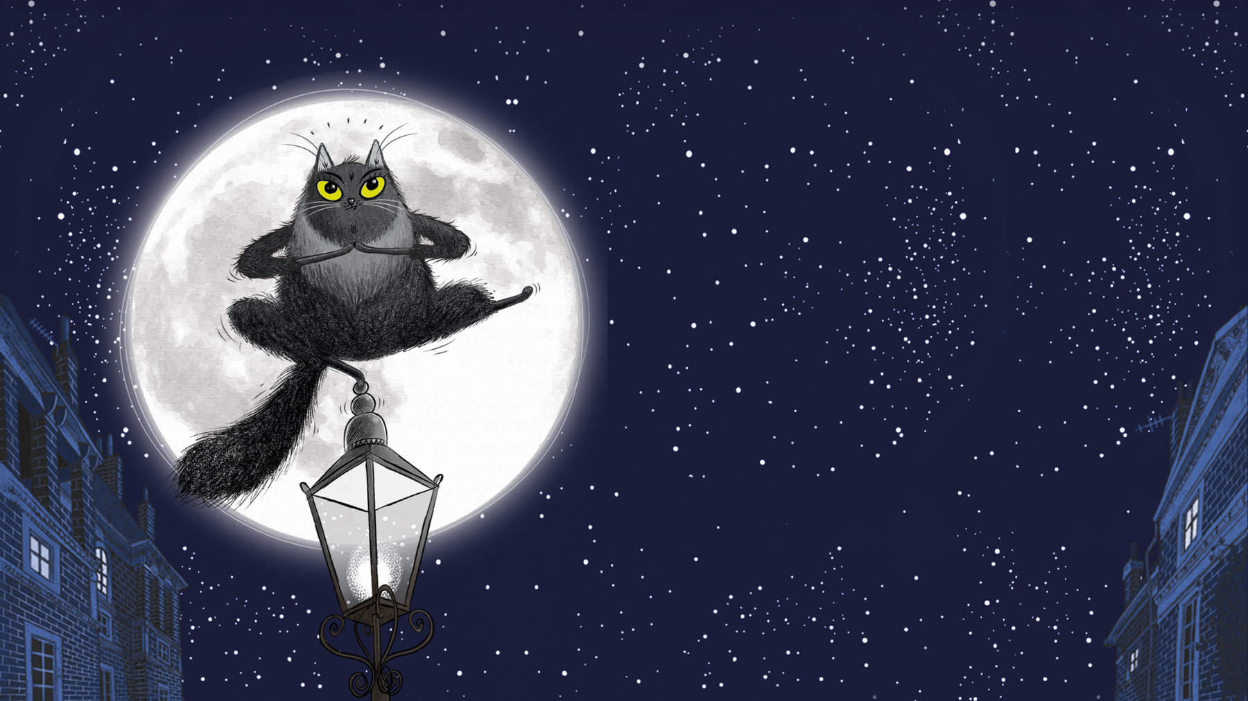 A cartoon black cat balances on the top of a lamppost doing a ninja pose, the sky is starry and there is a big moon behind him