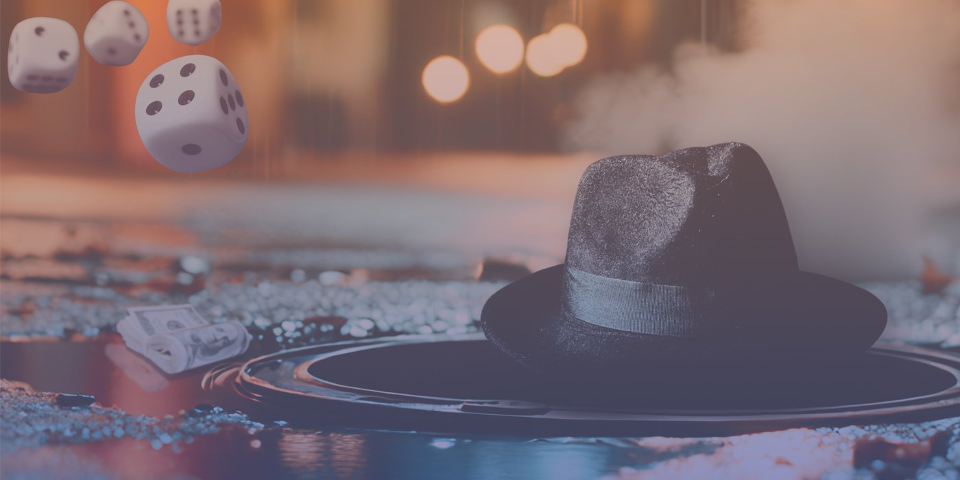 A black hat lies on a rainy pavement, dice are being thrown in the background