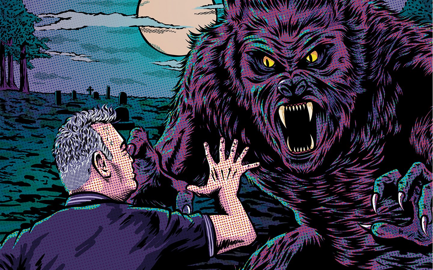A cartoon pop art style Stewart Lee holds hand up to a purple angry werewolf creature