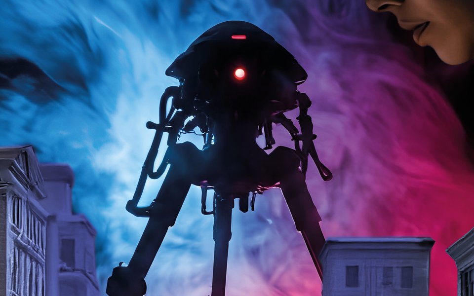 An alien spaceship against a city, the sky is full of purple and blue smoke behind it