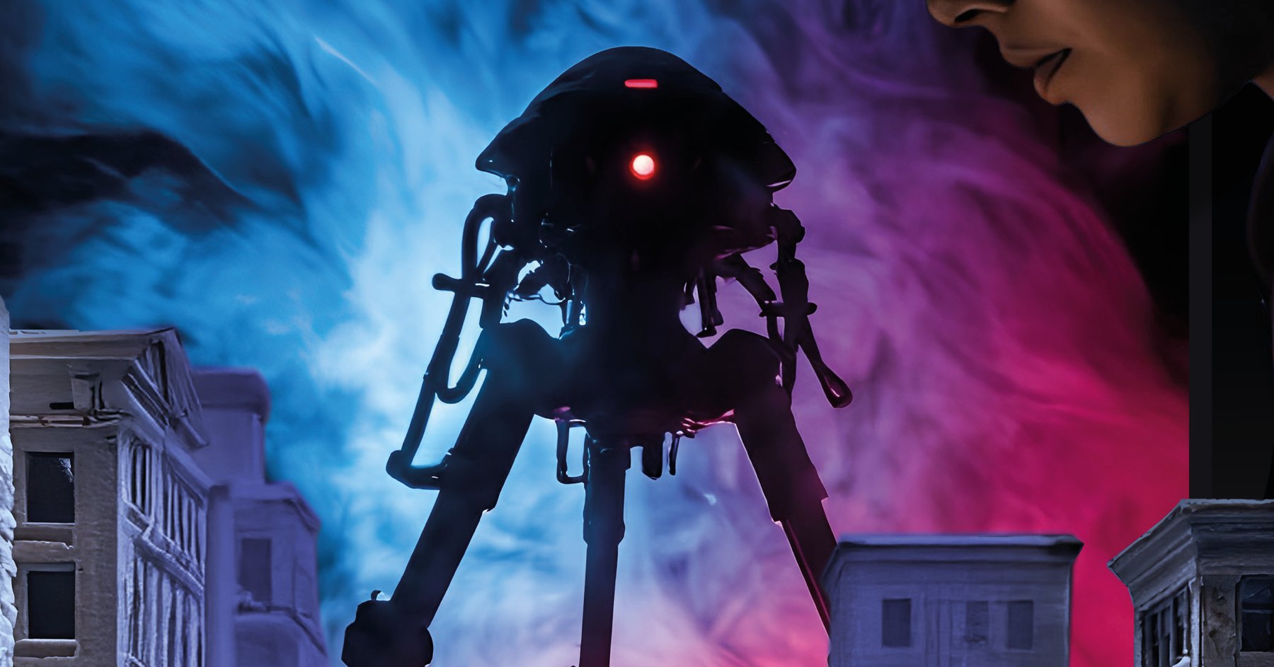 An alien spaceship against a city, the sky is full of purple and blue smoke behind it