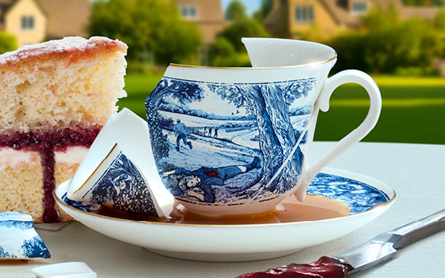 A white and yellow tea cup sits on a garden table with a slice of cake. The cup is smashed and shards of it are on the table with a knife covered in red jam.